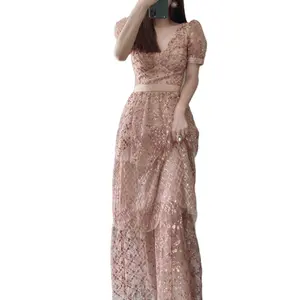 New Women's Mesh Elegant Embroidered Gold Long Expensive Dress Evening Dress
