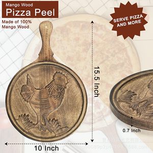 Wooden Pizza <b>Tray</b> With Rooster Carving Solid Wood Serving Plate For Restaurant Cheese Board - Product Image 4