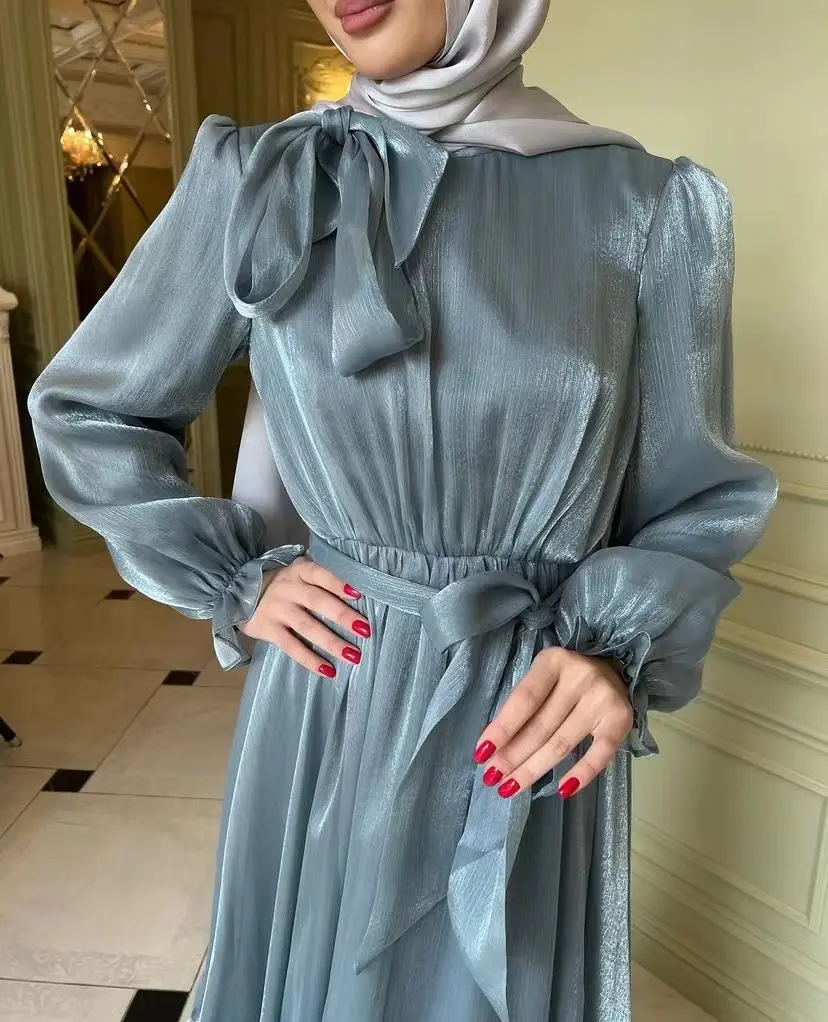 Hohe Taille Weiche feste Puff ärmel Muslimisches Kleid Seidiger Kaftan Dubai Türkei Muslimische Robe Islamische Kleidung Satin Abaya