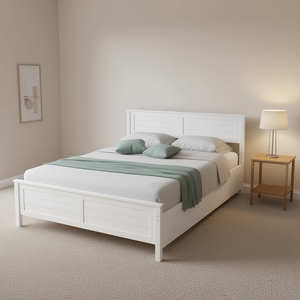 White Solid <b>Wood</b> Full-Size <b>Bed</b> <b>Frame</b> <b>With</b> <b>Storage</b> Drawers Minimalist Design - Product Image 2