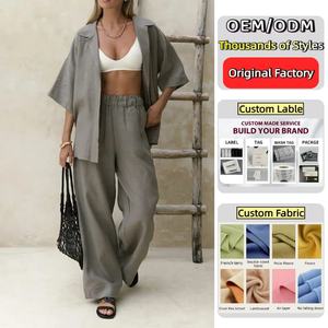 100% 면 투피스 여름옷 맞춤 로고 오버사이즈 반팔 셔츠와 와이드 레그 팬츠 코디 세트 여성용 - Product Image 1