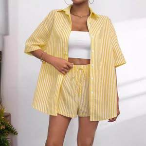 I-0607 Women's Fashion Cross-Border Casual Two-Piece <b>Set</b> American Style Lapel Striped Short Sleeve Knee <b>Knitting</b> Shirt <b>Set</b> - Product Image 2