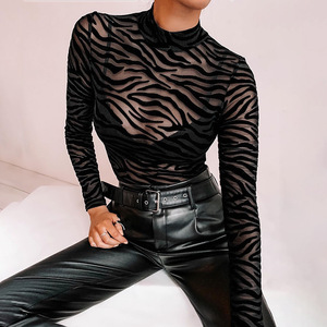 <strong>Turtle</strong> <strong>Neck</strong> <strong>Bodysuit</strong> Women's Irregular Striped Top Women Autumn Fashion Sexy See-through Long Sleeve Slim Casual Bottom Jumpsuit - Product Image 6