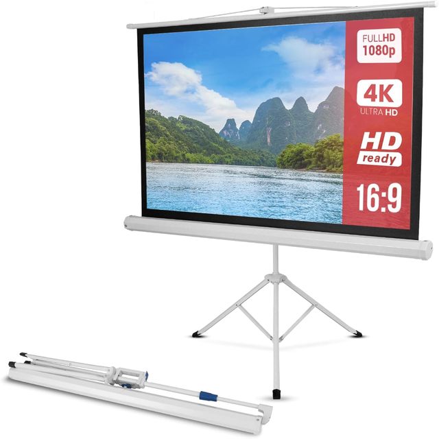 Portable Projector Screen with Tripod Stand Lightweight, Easy Pull Setup Mobile Projection Screen, White Fabric