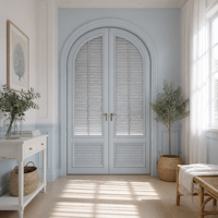 Porte double cintrée avec panneaux à persiennes style volet, taille personnalisée, directement de l'usine, OEM pour projets résidentiels, hôteliers et de villas