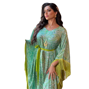 Abaya d'hiver Ab256 pour femmes musulmanes, vert, à franges, manches longues, grande taille, coupe ample, en polyester respirant et à séchage rapide, style moyen-oriental - Product Image 1
