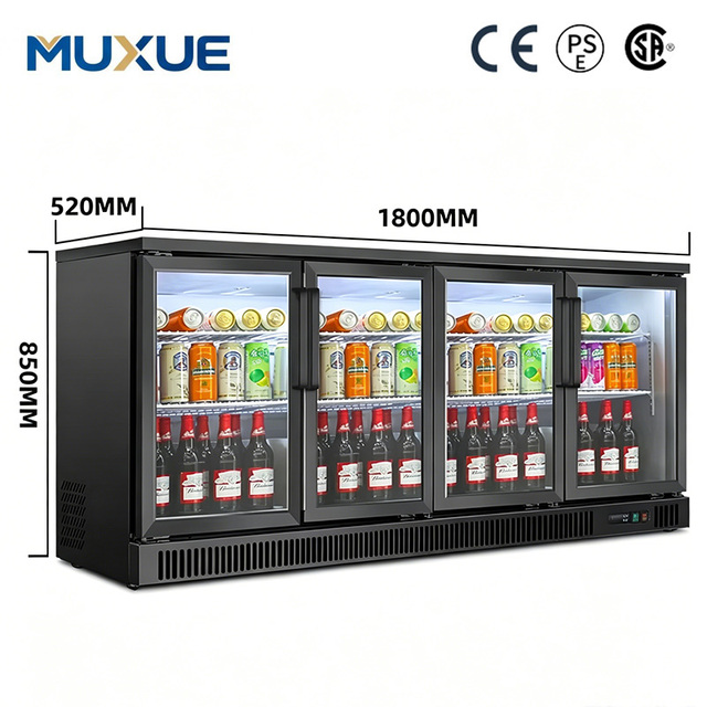 4-Door Black Display Beverage Cooler with Air Cooling and Fan System Single-Temperature for Bar Counters