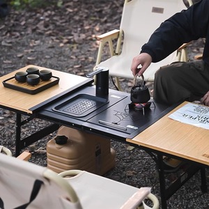 Table de camping pliable en alliage d'aluminium Explorers, réglable en hauteur, multifonctionnelle, avec plateau en bambou et rail coulissant pour pique-nique - Product Image 1