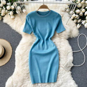 Manica corta o-collo abito tubino solido estate semplice lavoro a <span class=keywords><strong>maglia</strong></span> a vita alta Mini abito donna abiti <span class=keywords><strong>eleganti</strong></span> <span class=keywords><strong>vestiti</strong></span> donna - Product Image 1