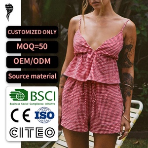 ชุดเซ็ตสองชิ้นสไตล์ Y2K น่ารักสำหรับผู้หญิง เสื้อครอปสายเดี่ยวคอลึก ช่วงเอวยางยืด กางเกงขาสั้นใส่สบาย ลายสก็อตเซ็กซี่ ชุดฤดูร้อนสำหรับผู้หญิง - Product Image 1