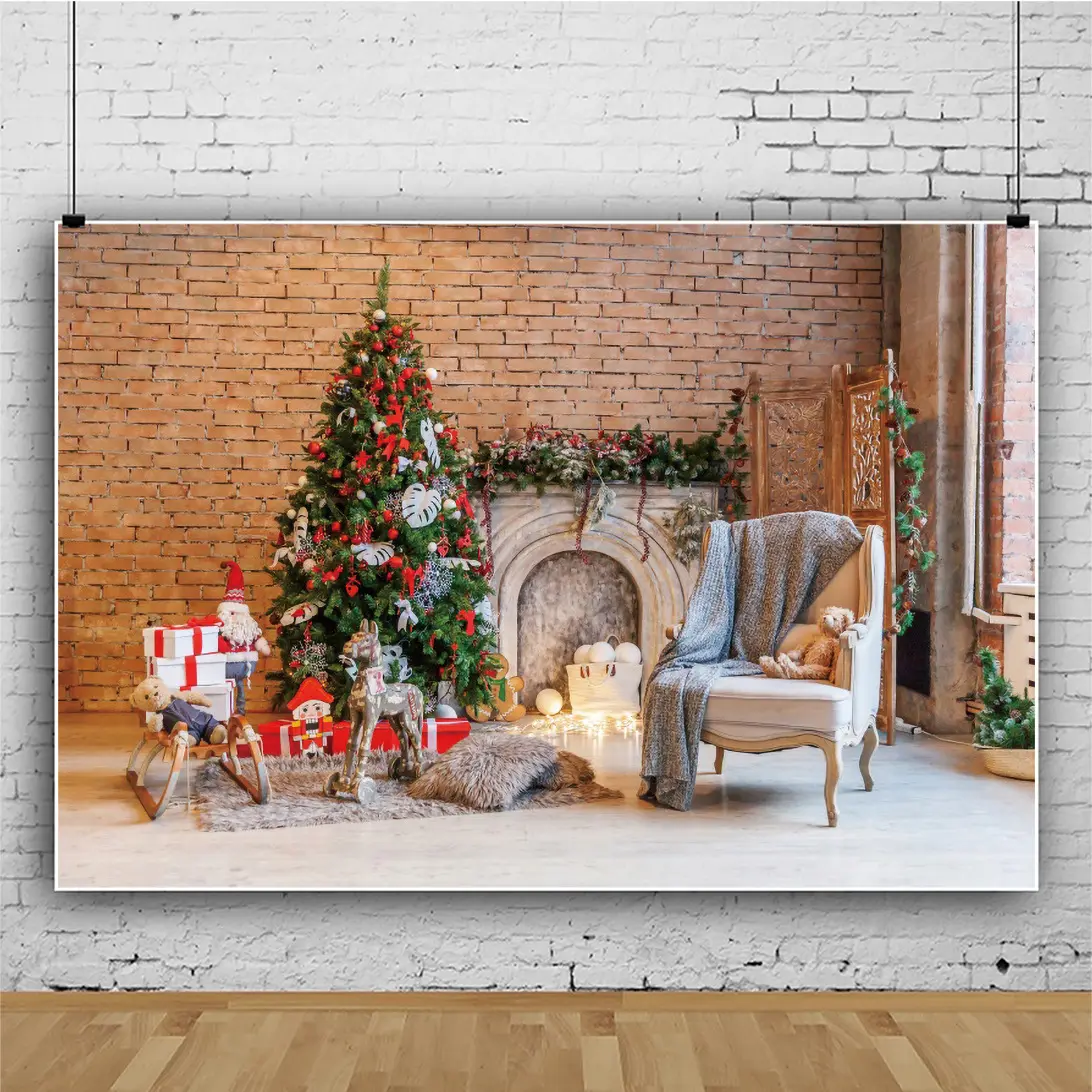 Décors de fête de noël fenêtre arbre cheminée bas cadeaux bébé Portrait photographie arrière-plan enfants impression numérique