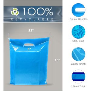 Sacs de marchandises en plastique bleu 12x15, taille moyenne pour la vente au détail, épaisseur 1,5 mil, poignées découpées, paquet de 200 - Product Image 2
