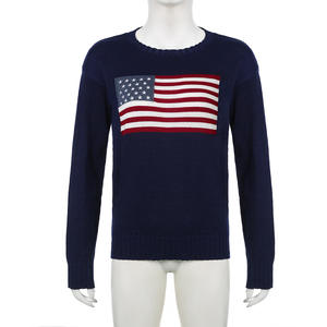Pull tricoté à col rond avec drapeau américain et ourlet côtelé Vente en gros OEM/ODM Mélange de laine personnalisé Intarsia Knitwear Causal Women Pullover - Product Image 3