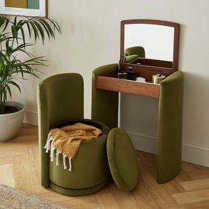 Juego de tocador esquinero de terciopelo vintage, compacto, de madera, <span class=keywords><strong>con</strong></span> <span class=keywords><strong>espejo</strong></span> oculto y taburete para espacios pequeños - Product Image 3