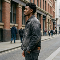 Blouson en jean noir délavé effet vieilli pour homme, avec patchwork sur le devant, classique, quatre poches, style camionneur, personnalisable OEM