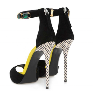 Sandales élégantes noires en daim pour femme, avec gemmes vertes, bride cheville, bout ouvert, talons hauts fins et fermeture éclair - Product Image 2