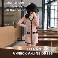 Robe en maille unie en nylon à col en V et boutons, style décontracté, anti-plis, mini, manches longues, élégante, coupe trapèze pour femme, printemps-automne