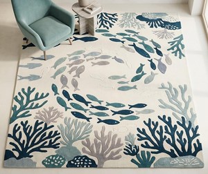 Ivory Blue School of Fish Wool <b>Rug</b> Hand Tufted Coastal Coral <b>Nursery</b> Area Carpet <b>for</b> Kids Room Bedroom Playroom Living Room - Product Image 1