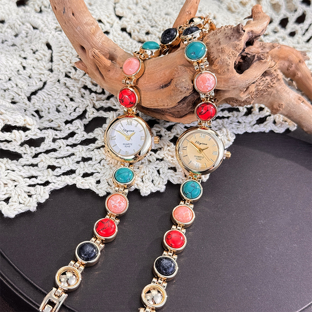 LP74 Vintage Colorful Malachite Women's Watch Luxury Stone Embedded Turquoise Quartz Watches Bracelet Ladies Wristwatches