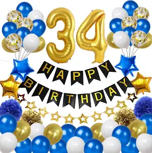 Ensemble de ballons métalliques blanc, bleu et or, décor de fête d'anniversaire, ballons en forme de bannière, en papier, en nid d'abeille avec numéros 34