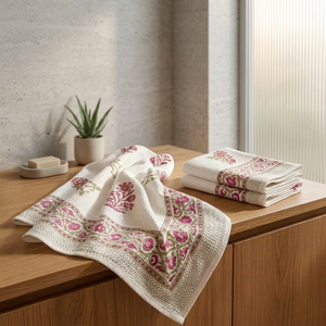 Juego de 1 Toalla de Baño y 2 Toallas de Mano de Algodón Waffle Estampado a Mano, Reversible, Hecho a Mano en India, para Hogar y Hotel - Product Image 2