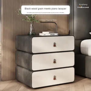 Mesita de noche de madera maciza moderna de gama alta 2025, mesitas de noche de almacenamiento creativas giratorias de cuero de grano de madera de lujo, muebles de dormitorio - Product Image 3