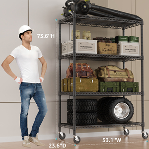 MZG Factory Price Customized Modular Adjustable Matte Black 4-Tier Heavy Duty Metal Wire <b>Storage</b> Rack Shelves <b>Unit</b> with Wheels - Product Image 4