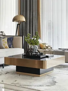 Mesa de centro de acero inoxidable de diseño de mármol natural para el hogar de sala de estar de lujo ligero