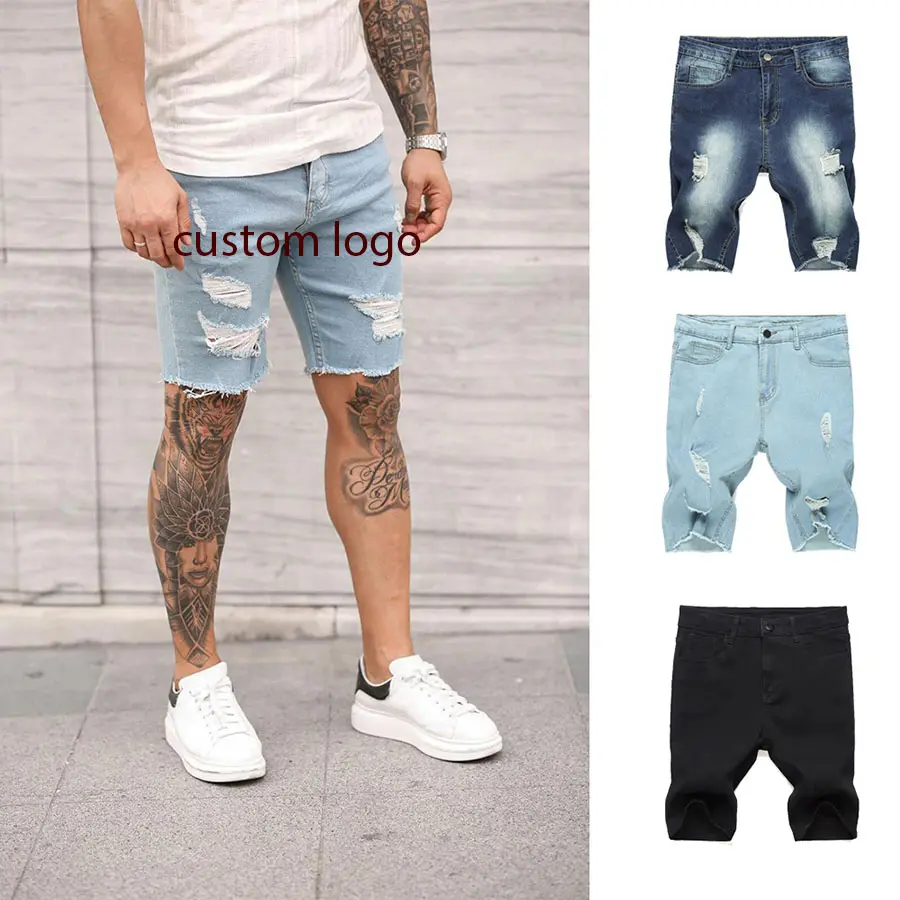 Novidade jeans masculino curto estilo casual skinny rasgado azul desgastado