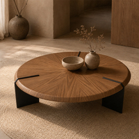 Fournisseur de meubles de salon, table basse classique en bois avec plateau en placage et base en acier inoxydable de style mid-century, sur mesure
