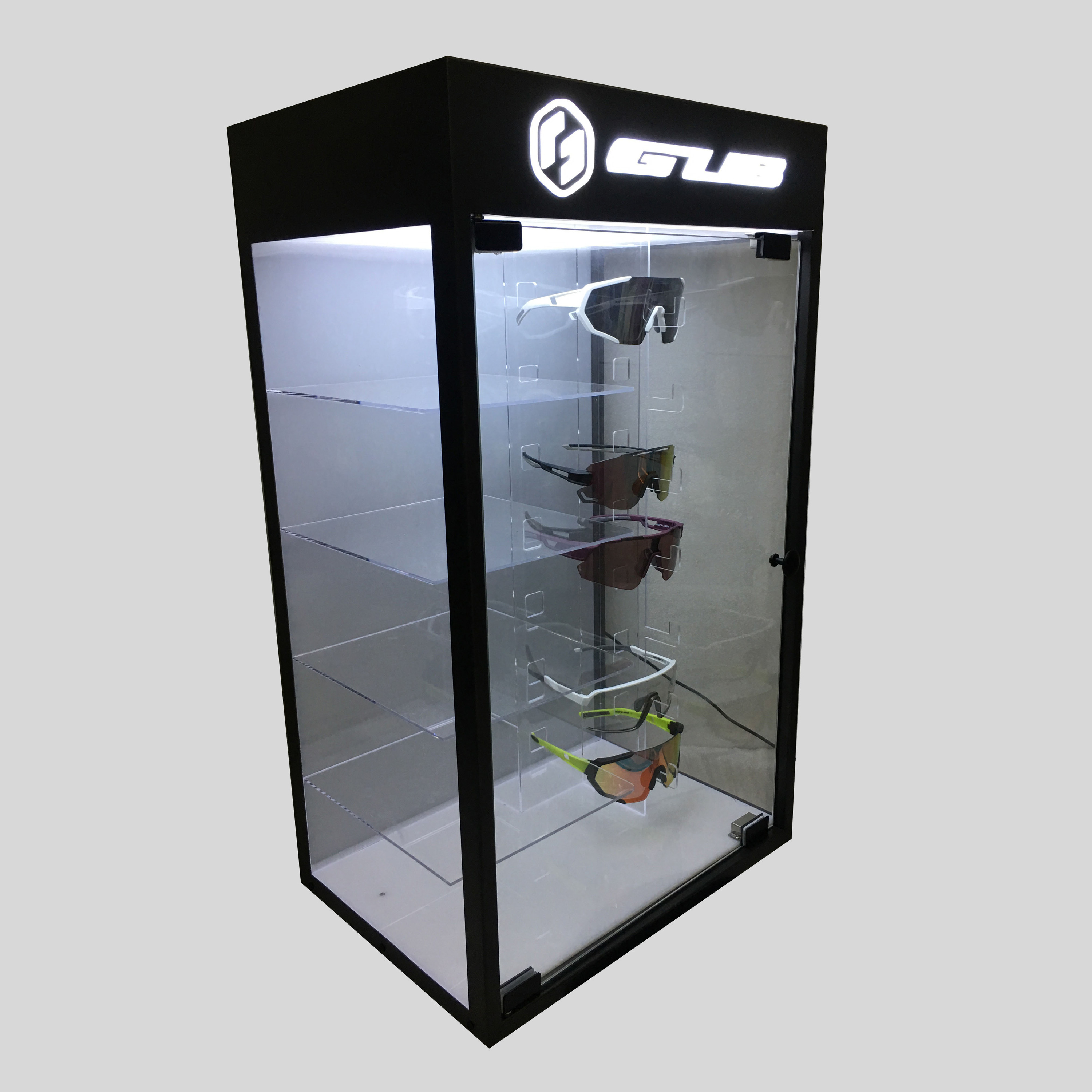 Glasses Display Stand Acrylic Plug Metal Display Racks 4 Tiers Glasses Shelf Floor Stand with LED Light for Retail Shop