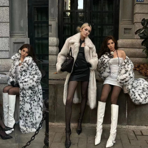 Giacca da Donna con Stampa Leopardata, Lunghezza Media, Colletto a Risvolto, Cappotto in Finta Pelliccia di Volpe, <span class=keywords><strong>Abbigliamento</strong></span> Femminile Allungato - Product Image 1