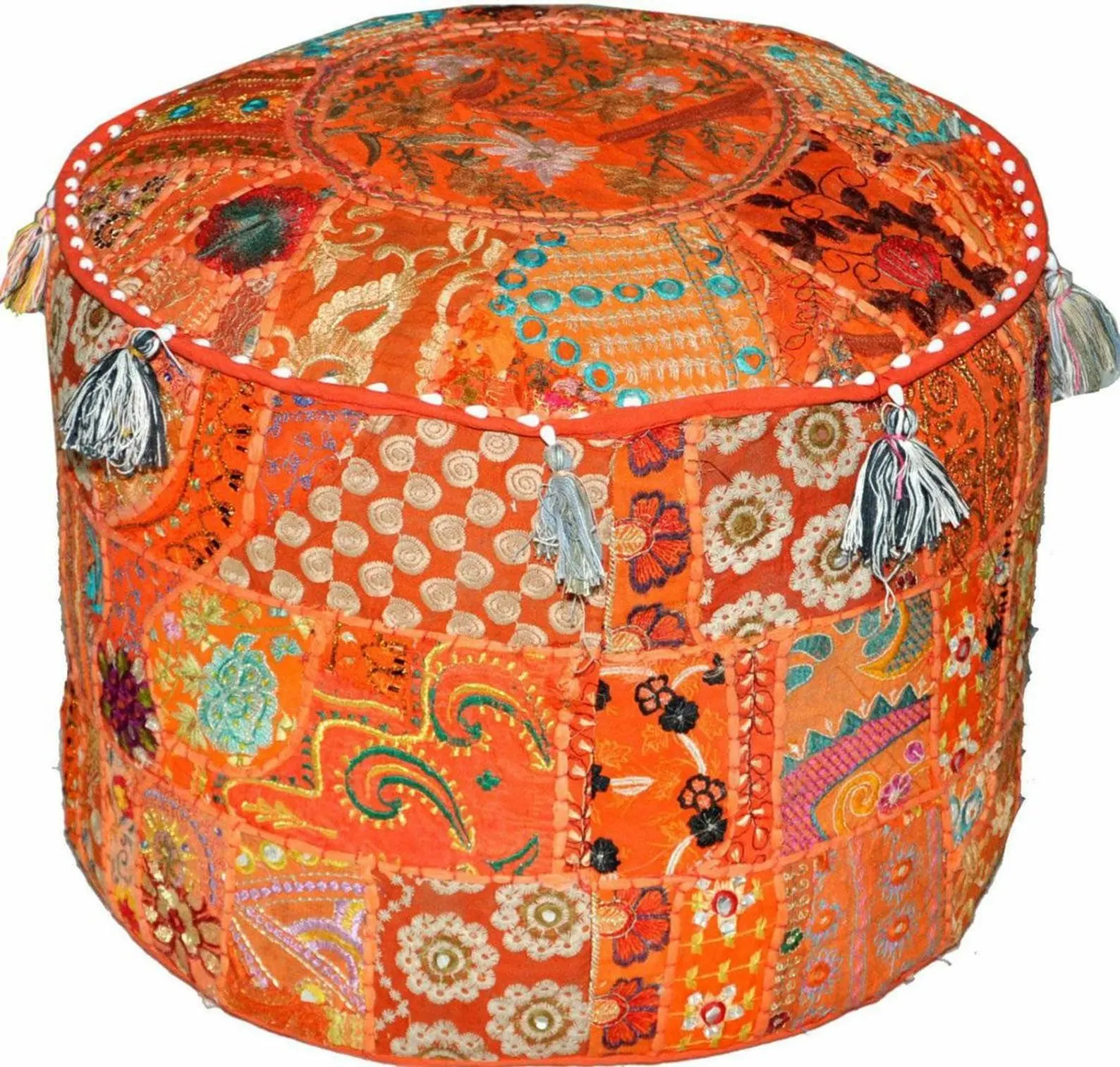 Latest Patchwork Embroidery Purple Color Ottoman Pouf Cover Round Traditional Footstool Cover Living Room Furniture Indian