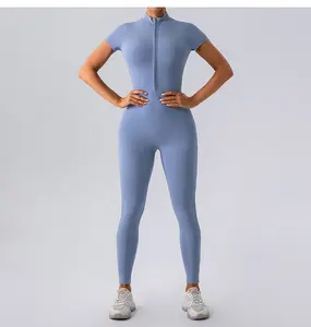 Mono de Yoga de manga corta con cremallera más nuevo y sostenible 2024, ropa deportiva de una pieza para mujer, pantalones de fitness con Control de barriga, Mono