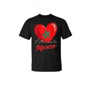 Camiseta Negra con la Bandera de Marruecos en Forma de Corazón, Cuello Redondo, Manga Corta, Impresión Digital, Diseño Promocional para Hombre - Product Image 2