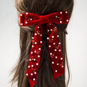 Nouvelle Arrivée Pince à Cheveux à Plusieurs Niveaux en Tissu Velours avec Incrustation de Diamants en Forme de Cœur et Nœud Papillon, Accessoires pour Cheveux pour Filles et Femmes - Product Image 3