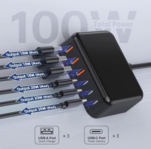 Best Selling USB <b>C</b> Charger 100W Multi USB Desktop Charger <b>Type</b> <b>C</b> 6-Port GaN Portable Travel Charging Station 5ft Cord - Product Image 2