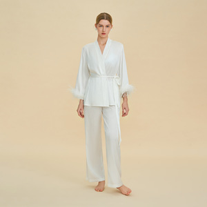 Peach Pink Satin Long Sleeve Pajama Set With <b>Feather</b> <b>Cuffs</b> For Women Loungewear Sleepwear Home Wear - Product Image 3