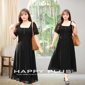 เดรสลูกไม้คอเหลี่ยมสไตล์ฝรั่งเศสสีดำแขนสั้นขนาดบวก N8958 ชุดเดรสลำลองสำหรับผู้หญิงสวมใส่ทุกวัน - Product Image 2