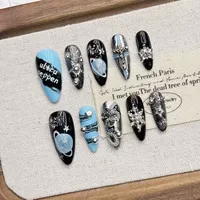 Faux ongles à presser en gros, faits à la main, bleu ciel étoilé, courts, forme amande, en acrylique, avec accents dégradés
