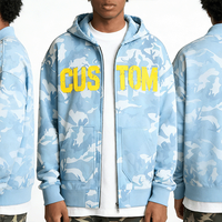 Hoodie Pria Streetwear Custom Biru Langit Motif Kamuflase & Enzyme Wash 420 Gsm 100% Katun Oversized Heavyweight untuk Pria
