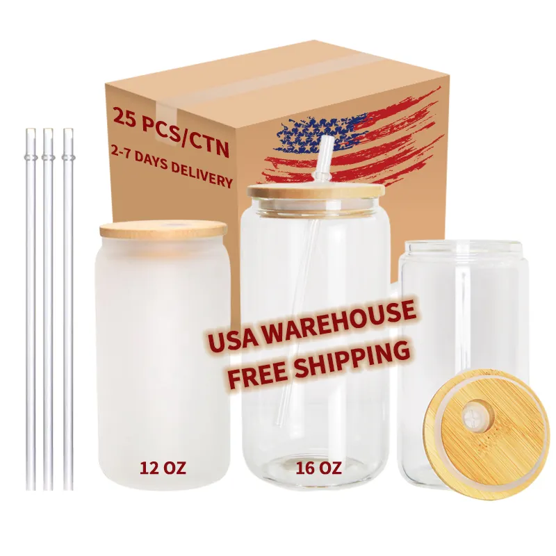 USA Warehouse 12oz 16oz Frosted Clear Beer Can Glass Sublimation Water Bottle Glass Jar with Bamboo Lid and Straws