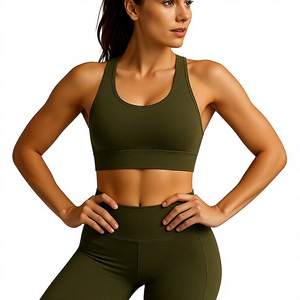 Soutien-gorge de sport vert olive sans coutures à col montant, haut de yoga et d'entraînement pour femme, vêtement de sport - Product Image 4