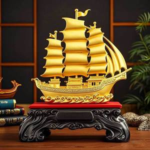 Adorno de escritorio con forma de barco chapado en oro Feng Shui, decoración artística de plástico para oficina, hogar, Año Nuevo Chino - Product Image 1