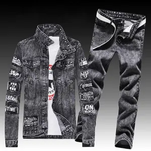 ZY street style casual mens jean ternos dos homens Patch Jeans Two Piece Sets logotipo personalizado jaqueta jeans e Rasgado Buraco Jean para homens
