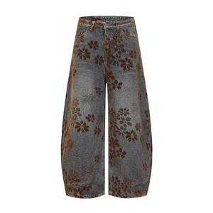 Jeans rétro personnalisés en jacquard floqué brodé 100% coton, jeans amples à fleurs délavés pour hommes, style Y2K, qualité supérieure, coupe large. - Product Image 2