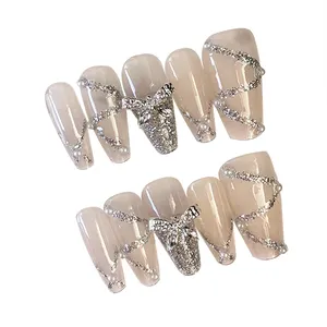 Wholesale Fake Nails Salon Supplier Long Soft Gel Almond Cat Eye Diamond Gel Handmade Press On Nails