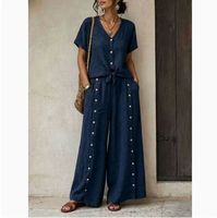 Ensemble en coton et lin uni de style européen et américain, haut ample à manches courtes et col en V, pantalon large à taille haute