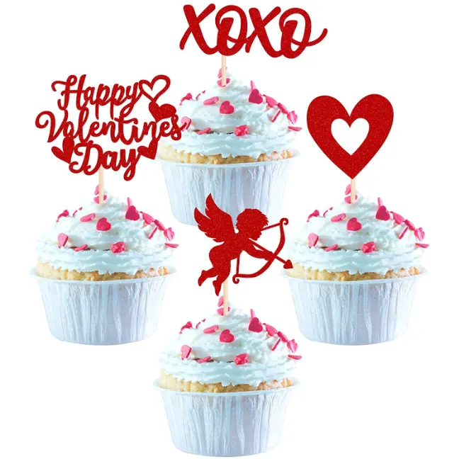 Happy Valentine's Day Cupcake Toppers Glitter XOXO Cupid Sweet Love cake Picks Valentine's Day Wedding Party Cake Decor Supplies