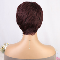 Perruque Coupe Pixie Synthétique Courte Rouge Vin Perruque Pixie avec Frange sans Colle Couches Ondulées pour Femmes 99J